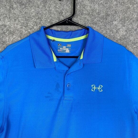 Under Armour Heatgear Blue Stretch Polo Shirt Size Large Loose Fit Performance - Picture 2 of 10